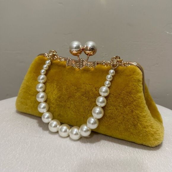 Genuine Shearling Leather “Pearl” Kisslock Clutch Bag/Evening Bag/Crossbody